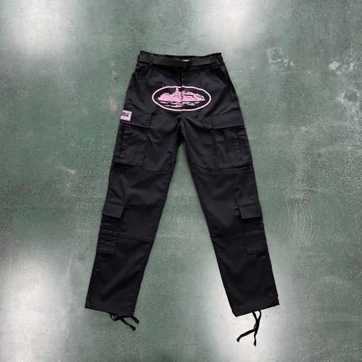 black with pink logo cargos