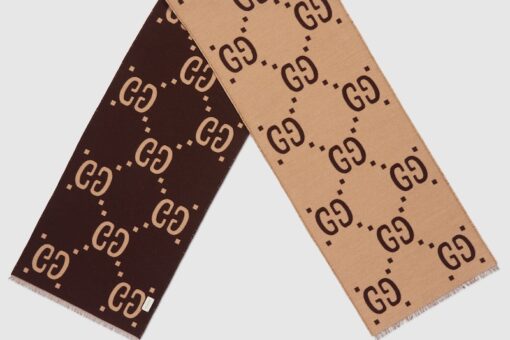 GG Jacquard Wool Silk Scarf Beige/Brown