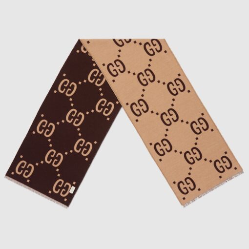 GG Jacquard Wool Silk Scarf Beige/Brown