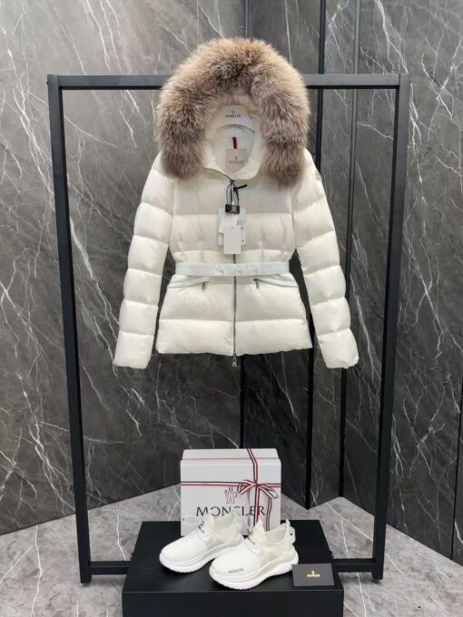 Moncler Boed Hooded Shearling Short Down Jacket White