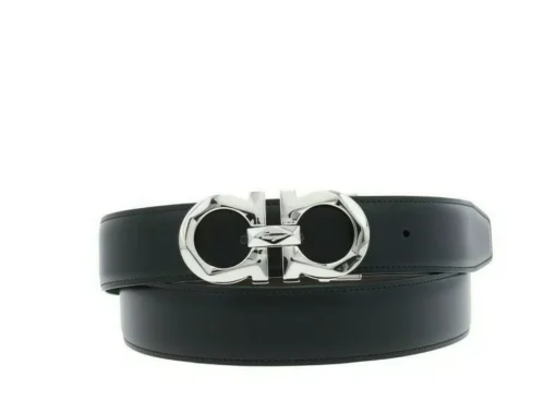 Salvatore Ferragamo Gancini Silver Diamond Finish Buckle Black Belt