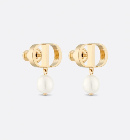 Petit CD Earrings Gold-Finish Metal and White Resin Pearls