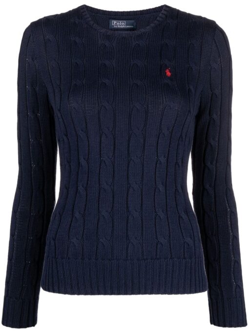 POLO RALPH LAUREN Women Cable Knit Cotton Crewneck Sweater HUNTER NAVY